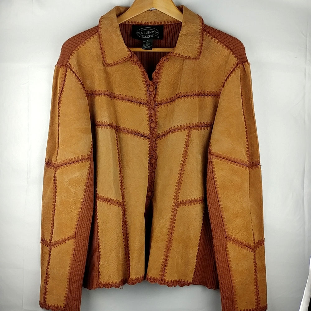 Selene Vintage Genuine Leather Panel Sweater Jacket #0110